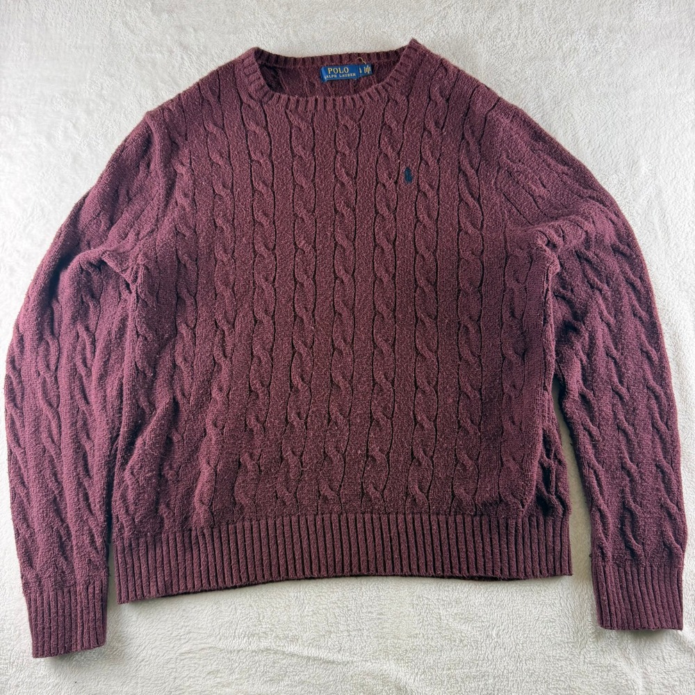 Polo Ralph Lauren Fisherman Sweater Crew Neck Maroon Burgundy Mens Large Preppy
